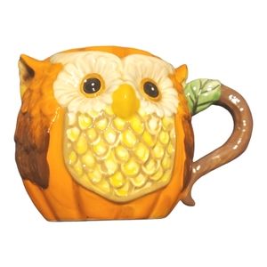 Cracker-Barrel Orange Owl Coffee Tea Milk Mug Cup Ridged Pumpkin Flowers Leaves